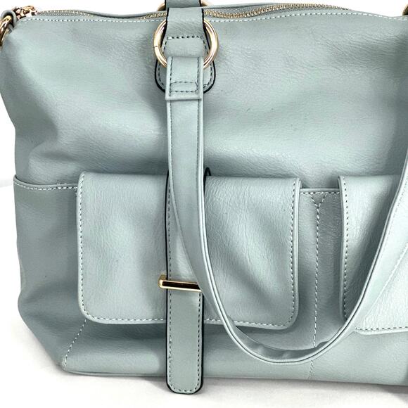 Womens Light Blue Leather Tote Bag with Front Pockets Gold Hardware Shoulder Bag - Picture 3 of 10